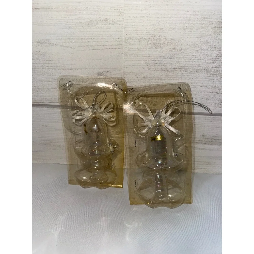 Vintage Iridescent Glass Bell Christmas Ornaments Set of 2 Cream Ribbon Bows 4.5